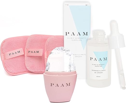 PAAM - KIT ROSA PAAM Desmaquillante & Serum Regenerador de Argán PAAM+ Ice Face Roller + Set de 3 Almohadillas de Microfibras Orgánicas Reutilizables